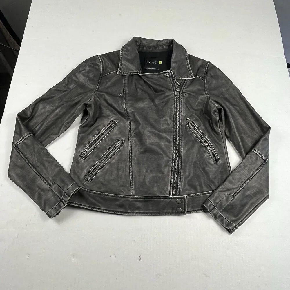 Lysse Faux Leather Moto Zip Front Jacket Black Distressed Waist Length Small